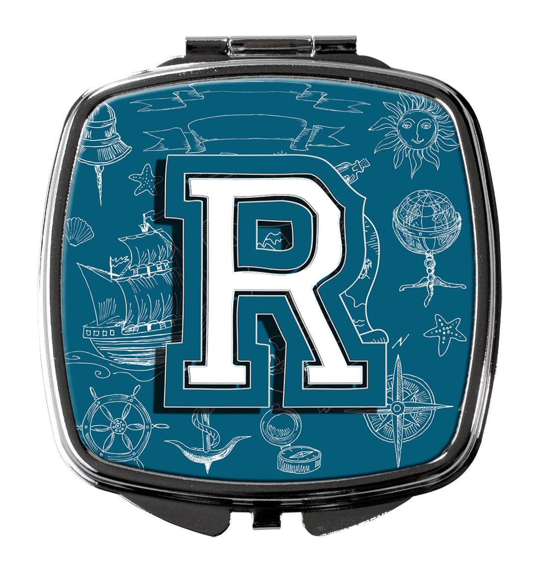 Letter R Sea Doodles Initial Alphabet Compact Mirror Decorative Travel Makeup Mirror for Women Girls Gifts Pocket Makeup Mirror Folding Handheld