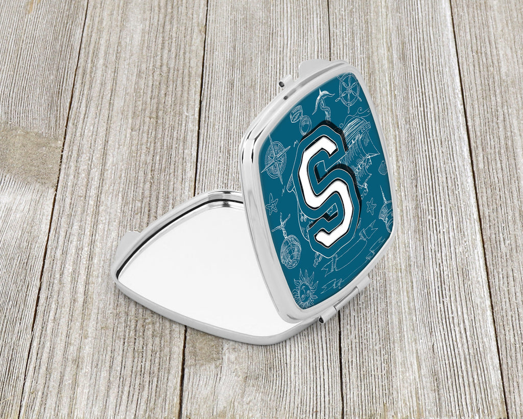 Letter S Sea Doodles Initial Alphabet Compact Mirror Decorative Travel Makeup Mirror for Women Girls Gifts Pocket Makeup Mirror Folding Handheld
