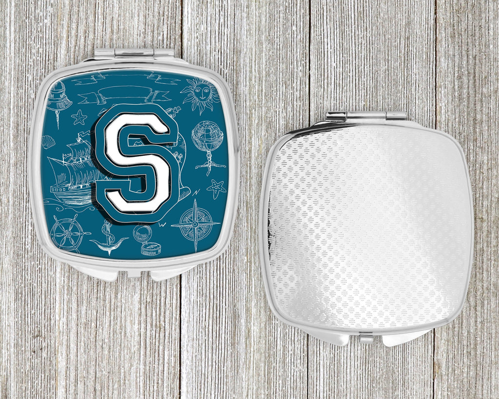 Letter S Sea Doodles Initial Alphabet Compact Mirror Decorative Travel Makeup Mirror for Women Girls Gifts Pocket Makeup Mirror Folding Handheld
