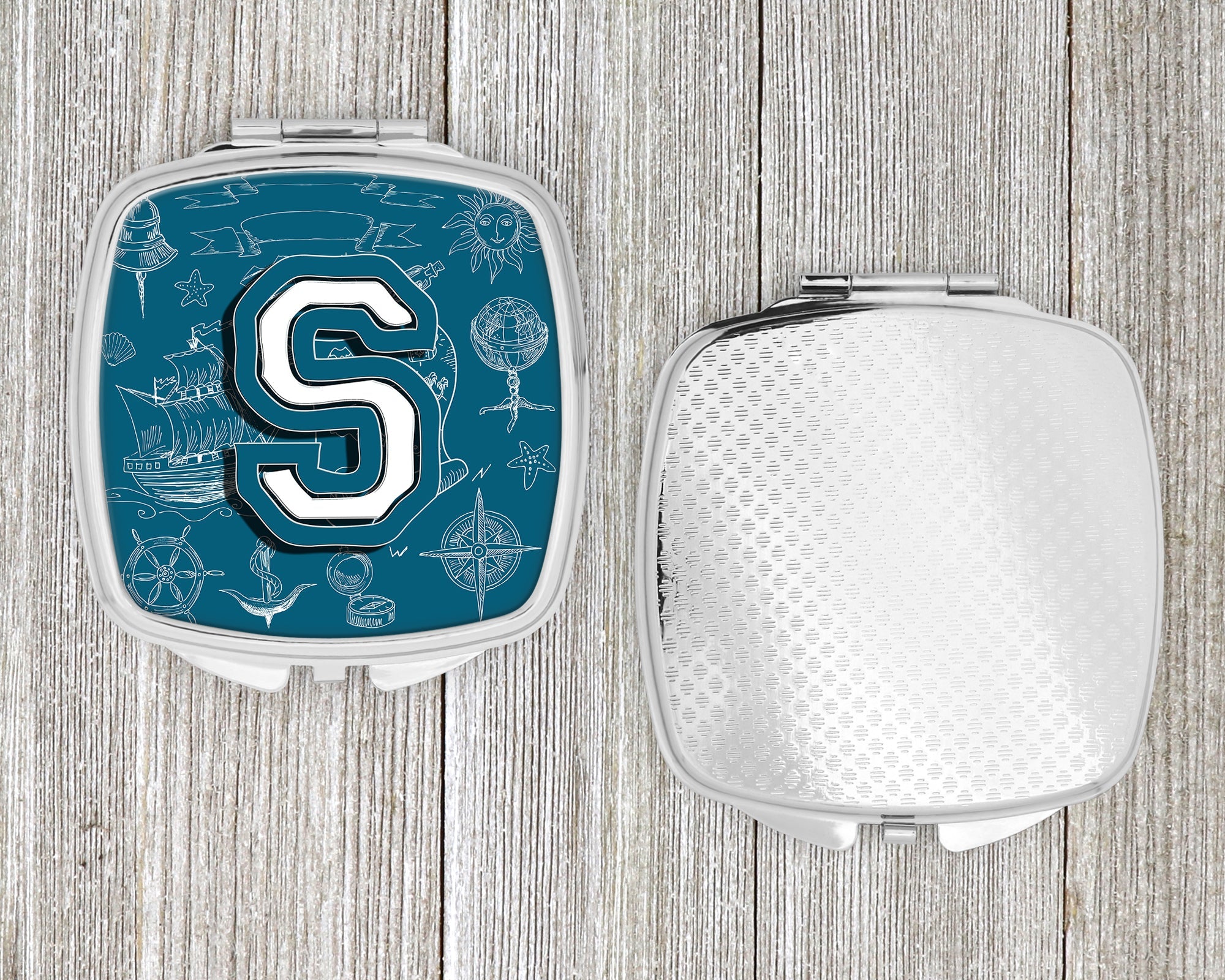 Letter S Sea Doodles Initial Alphabet Compact Mirror Decorative Travel Makeup Mirror for Women Girls Gifts Pocket Makeup Mirror Folding Handheld