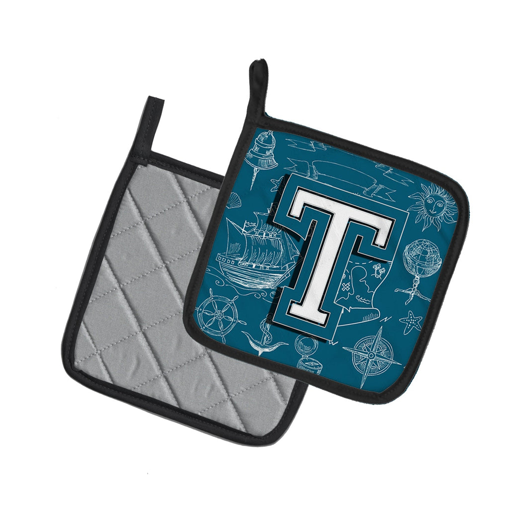 Letter T Sea Doodles Initial Alphabet Pot Holder Set of 2 Heat Resistant Quilted Hot Pads 7.5 x 7.5 Inch, Insulated Kitchen Trivets for Cooking & Baking