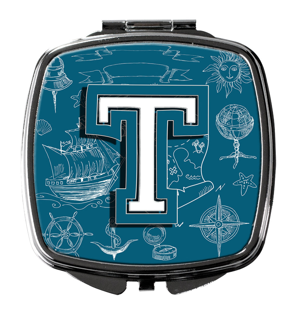 Letter T Sea Doodles Initial Alphabet Compact Mirror Decorative Travel Makeup Mirror for Women Girls Gifts Pocket Makeup Mirror Folding Handheld