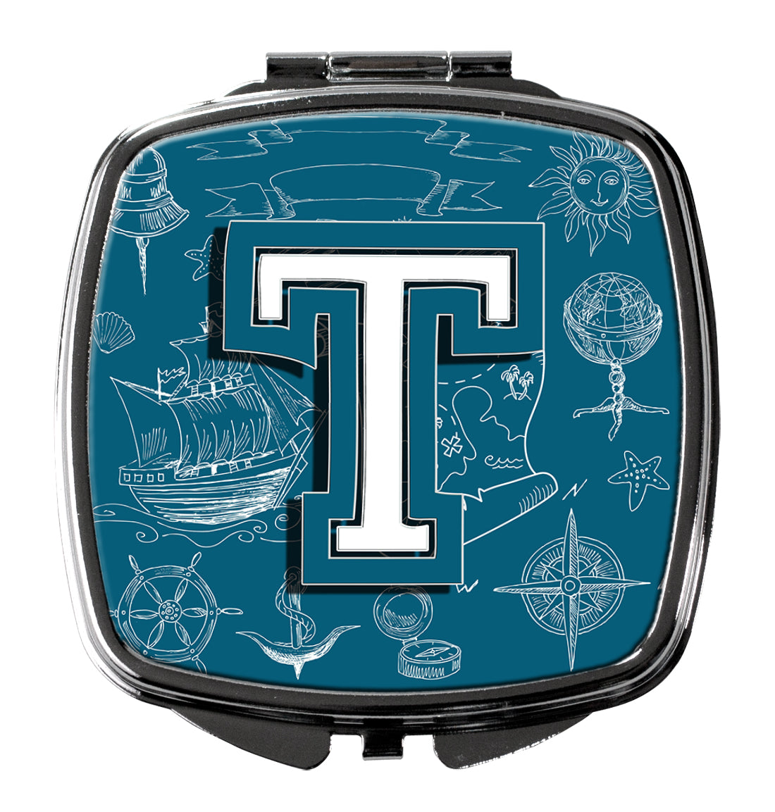 Letter T Sea Doodles Initial Alphabet Compact Mirror Decorative Travel Makeup Mirror for Women Girls Gifts Pocket Makeup Mirror Folding Handheld