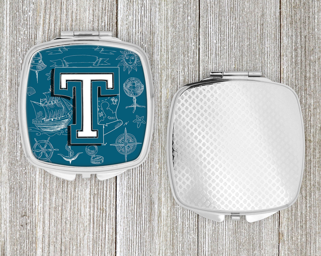 Letter T Sea Doodles Initial Alphabet Compact Mirror Decorative Travel Makeup Mirror for Women Girls Gifts Pocket Makeup Mirror Folding Handheld