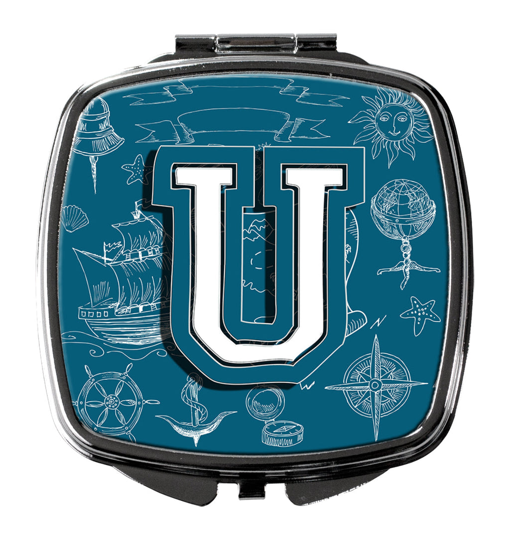 Letter U Sea Doodles Initial Alphabet Compact Mirror Decorative Travel Makeup Mirror for Women Girls Gifts Pocket Makeup Mirror Folding Handheld