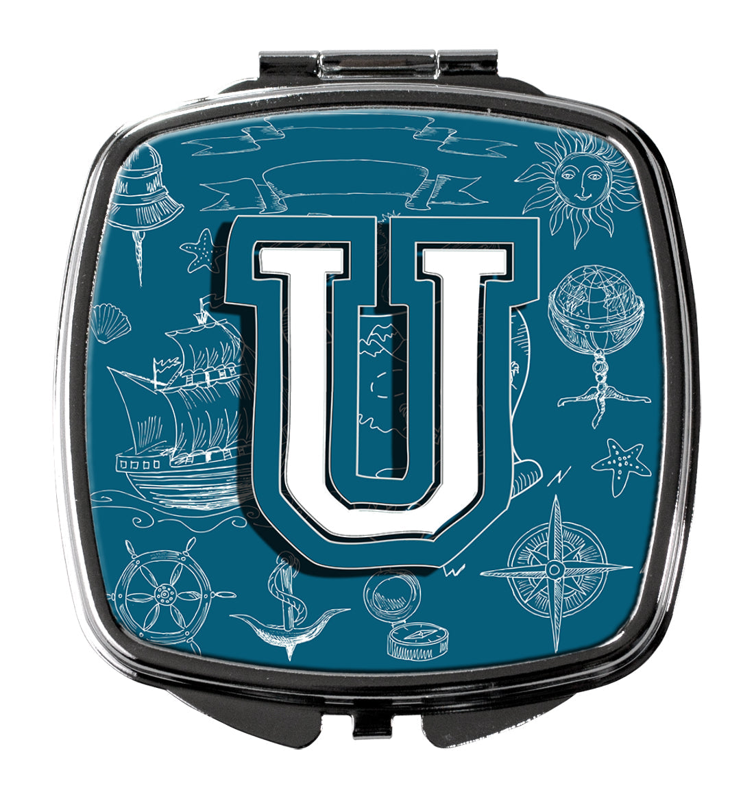 Letter U Sea Doodles Initial Alphabet Compact Mirror Decorative Travel Makeup Mirror for Women Girls Gifts Pocket Makeup Mirror Folding Handheld
