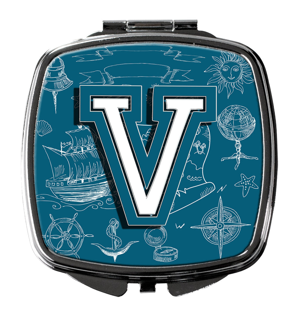 Letter V Sea Doodles Initial Alphabet Compact Mirror Decorative Travel Makeup Mirror for Women Girls Gifts Pocket Makeup Mirror Folding Handheld
