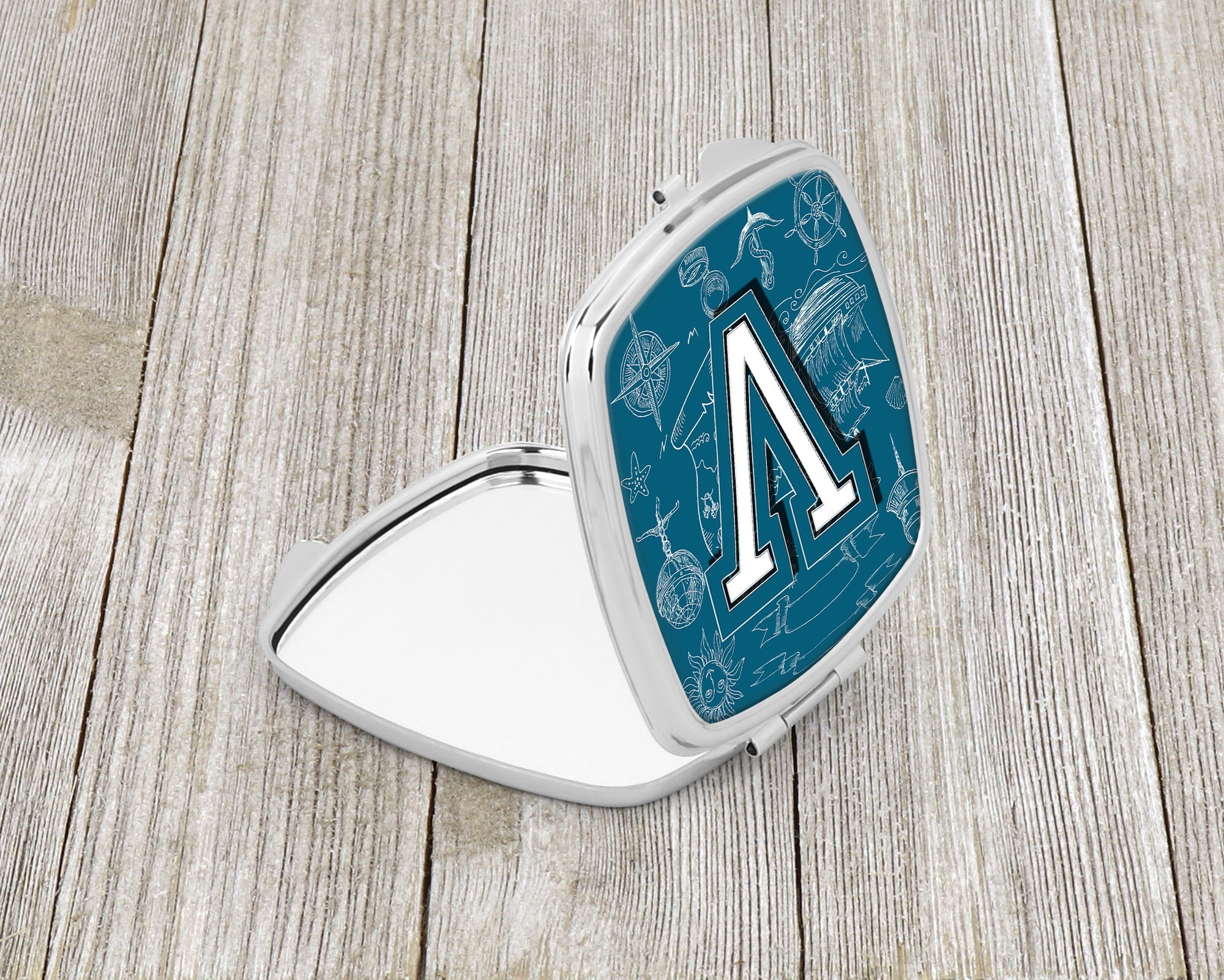 Letter V Sea Doodles Initial Alphabet Compact Mirror Decorative Travel Makeup Mirror for Women Girls Gifts Pocket Makeup Mirror Folding Handheld