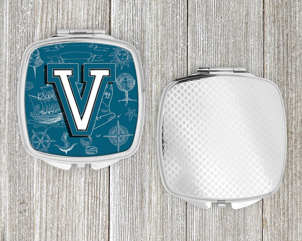 Letter V Sea Doodles Initial Alphabet Compact Mirror Decorative Travel Makeup Mirror for Women Girls Gifts Pocket Makeup Mirror Folding Handheld