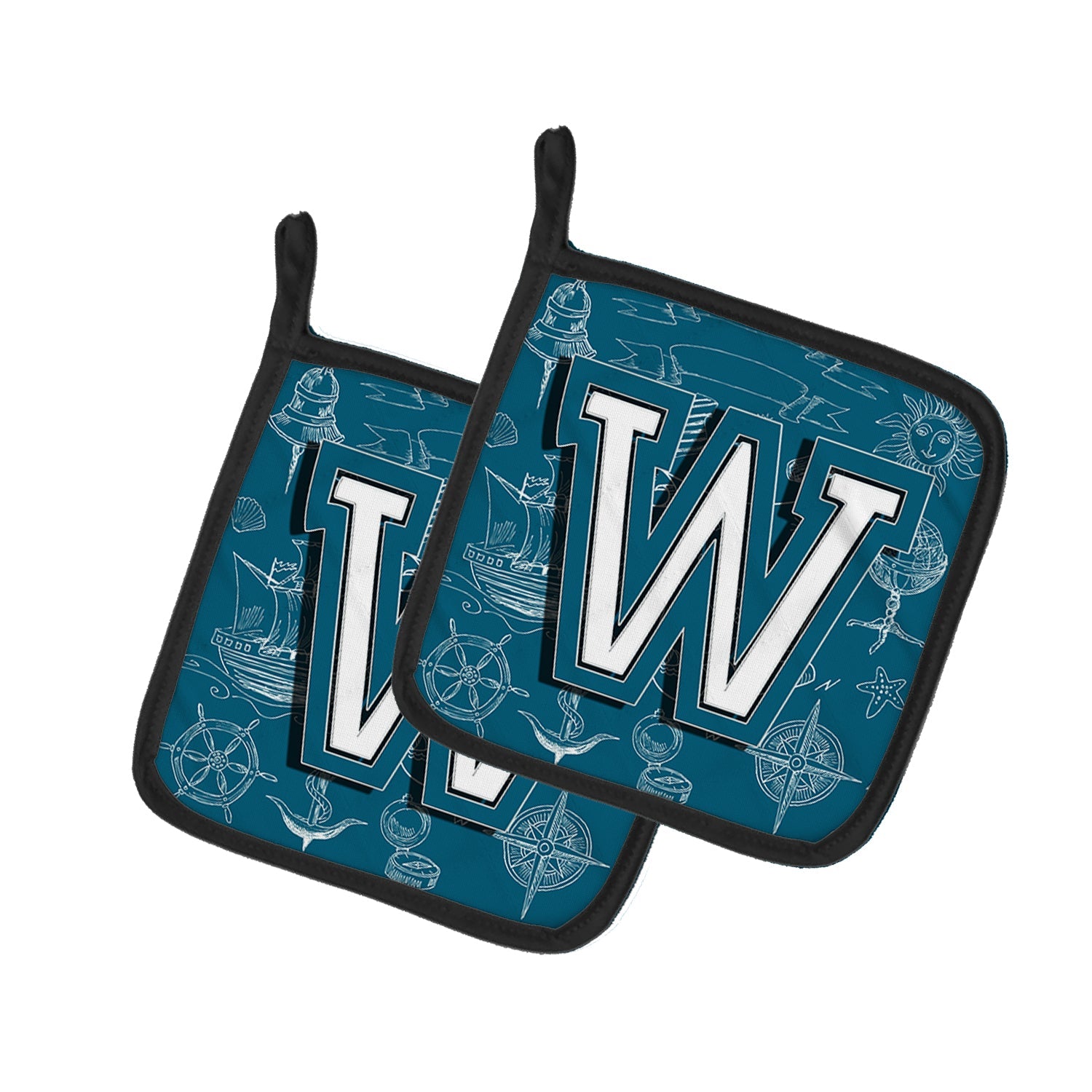 Letter W Sea Doodles Initial Alphabet Pot Holder Set of 2 Heat Resistant Quilted Hot Pads 7.5 x 7.5 Inch, Insulated Kitchen Trivets for Cooking & Baking