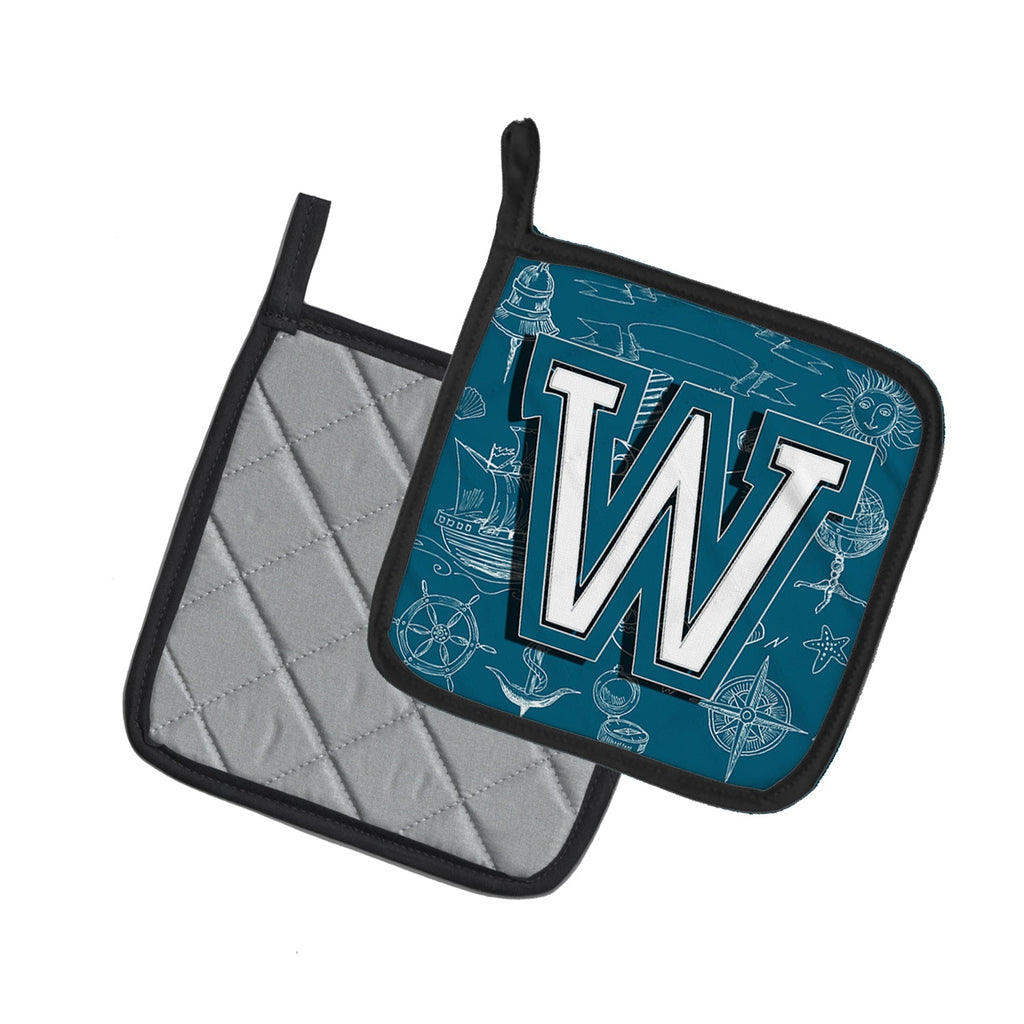 Letter W Sea Doodles Initial Alphabet Pot Holder Set of 2 Heat Resistant Quilted Hot Pads 7.5 x 7.5 Inch, Insulated Kitchen Trivets for Cooking & Baking