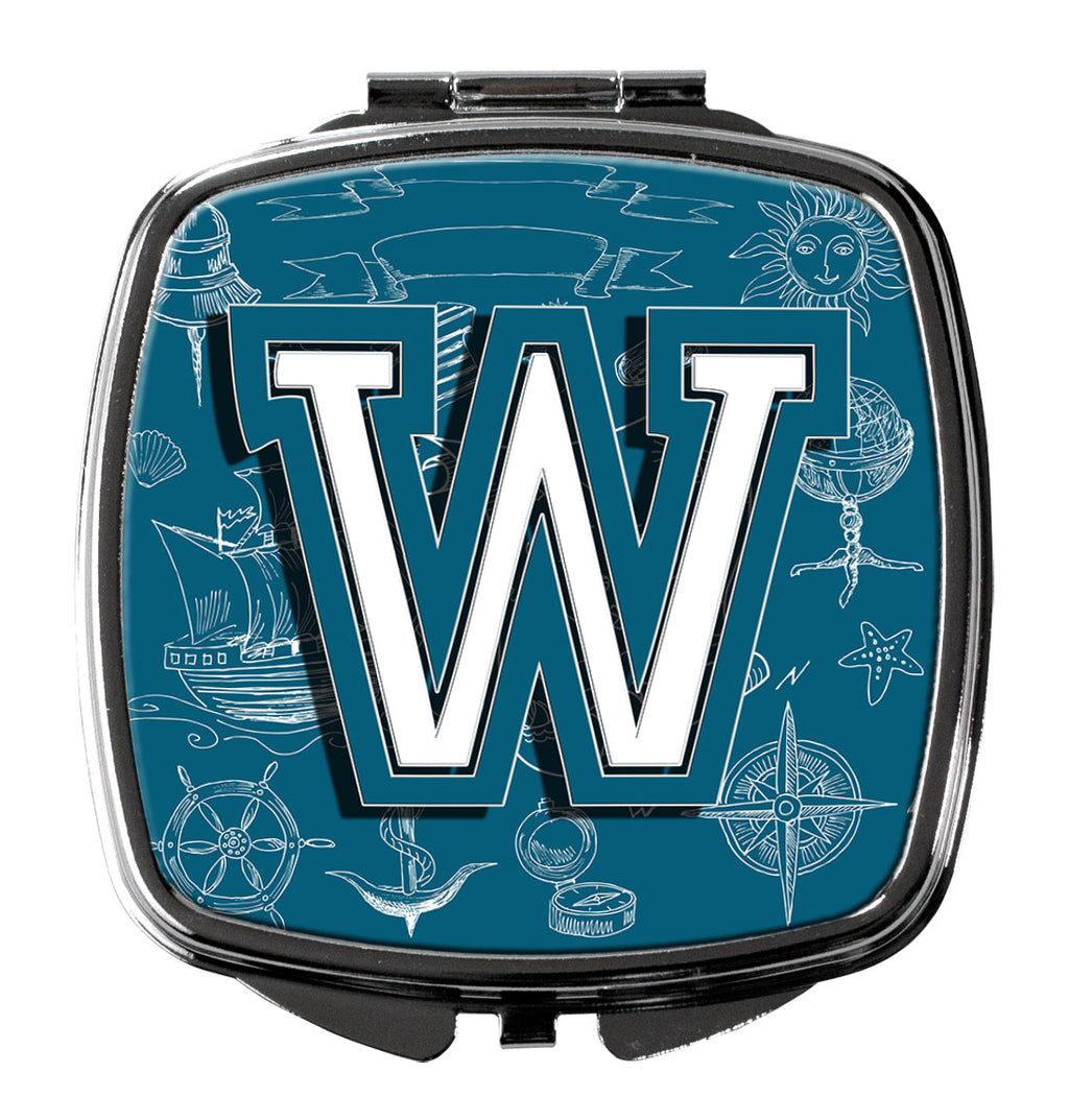 Letter W Sea Doodles Initial Alphabet Compact Mirror Decorative Travel Makeup Mirror for Women Girls Gifts Pocket Makeup Mirror Folding Handheld