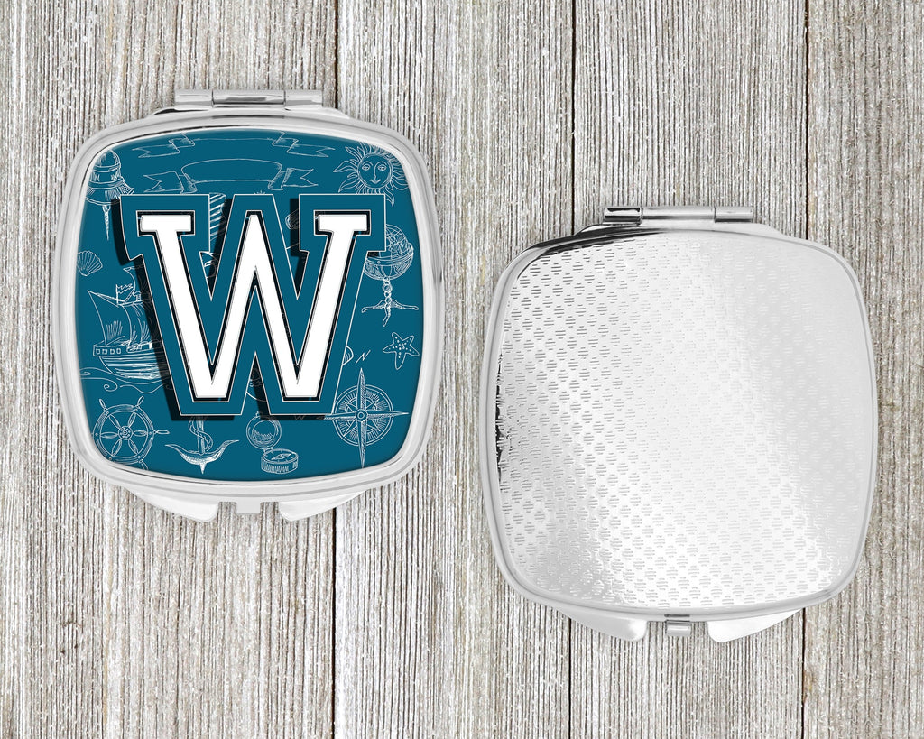 Letter W Sea Doodles Initial Alphabet Compact Mirror Decorative Travel Makeup Mirror for Women Girls Gifts Pocket Makeup Mirror Folding Handheld