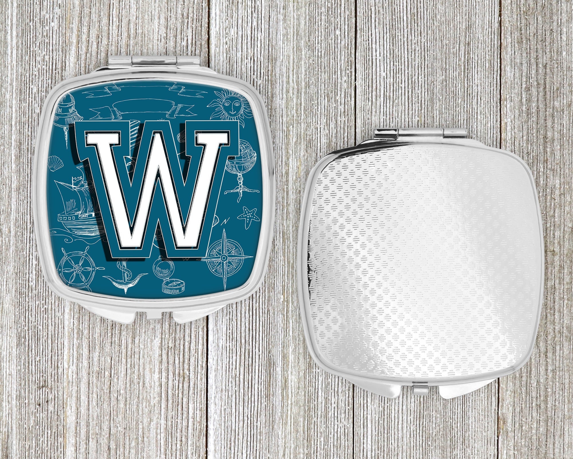 Letter W Sea Doodles Initial Alphabet Compact Mirror Decorative Travel Makeup Mirror for Women Girls Gifts Pocket Makeup Mirror Folding Handheld