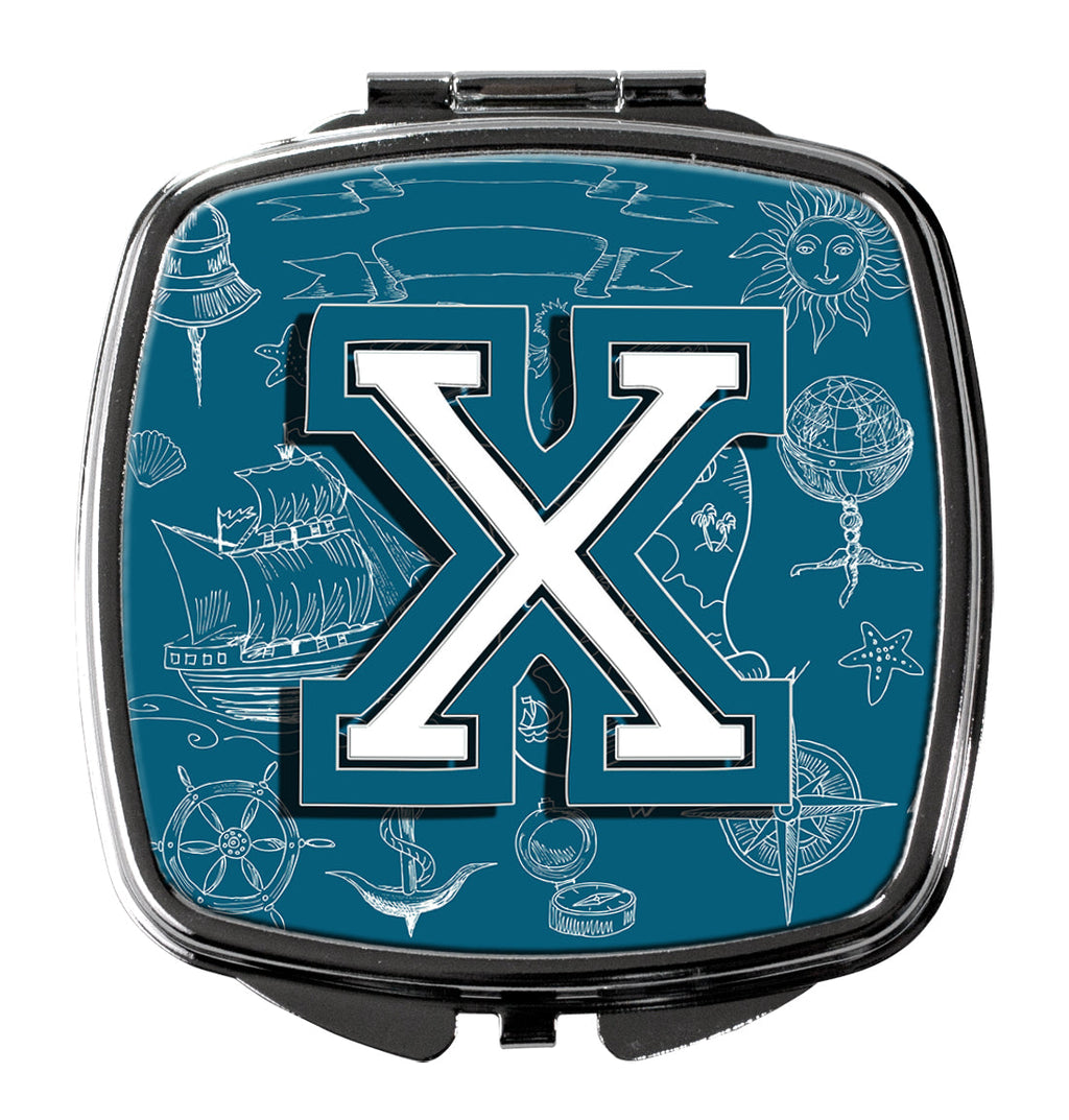 Letter X Sea Doodles Initial Alphabet Compact Mirror Decorative Travel Makeup Mirror for Women Girls Gifts Pocket Makeup Mirror Folding Handheld