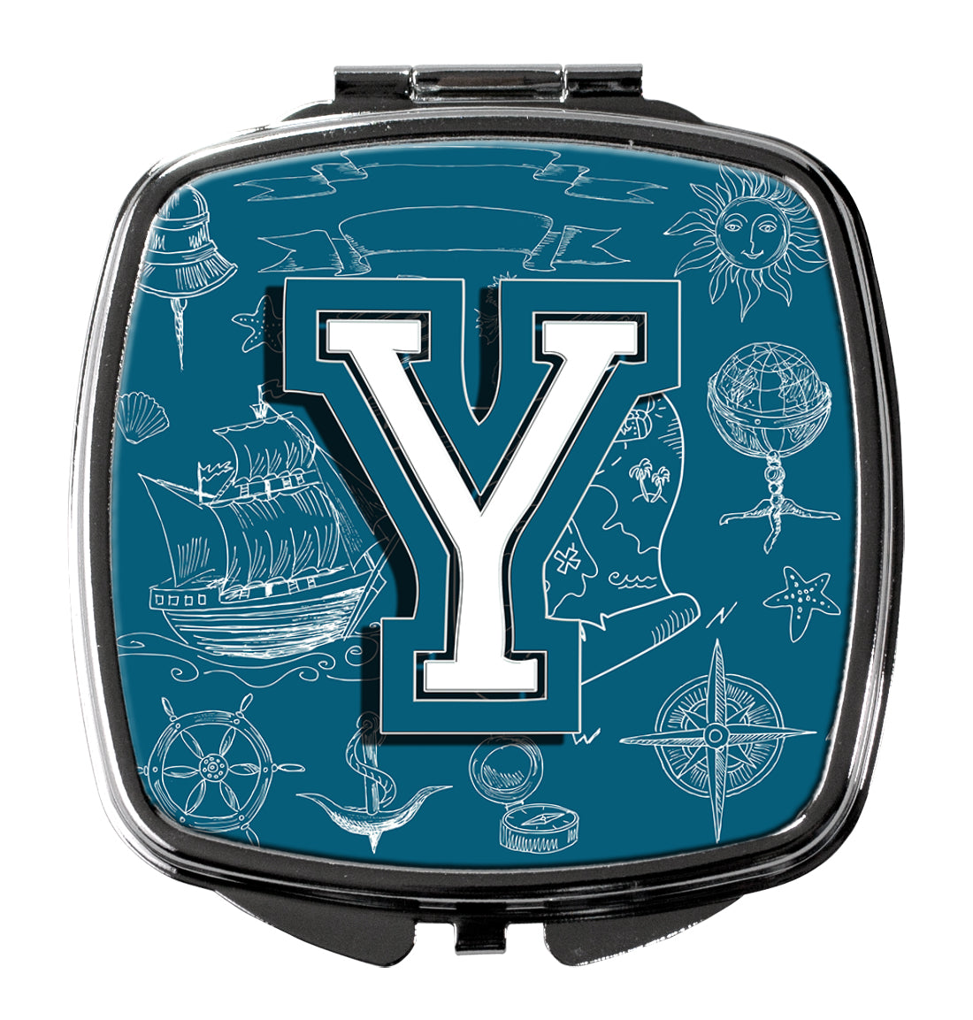 Letter Y Sea Doodles Initial Alphabet Compact Mirror Decorative Travel Makeup Mirror for Women Girls Gifts Pocket Makeup Mirror Folding Handheld