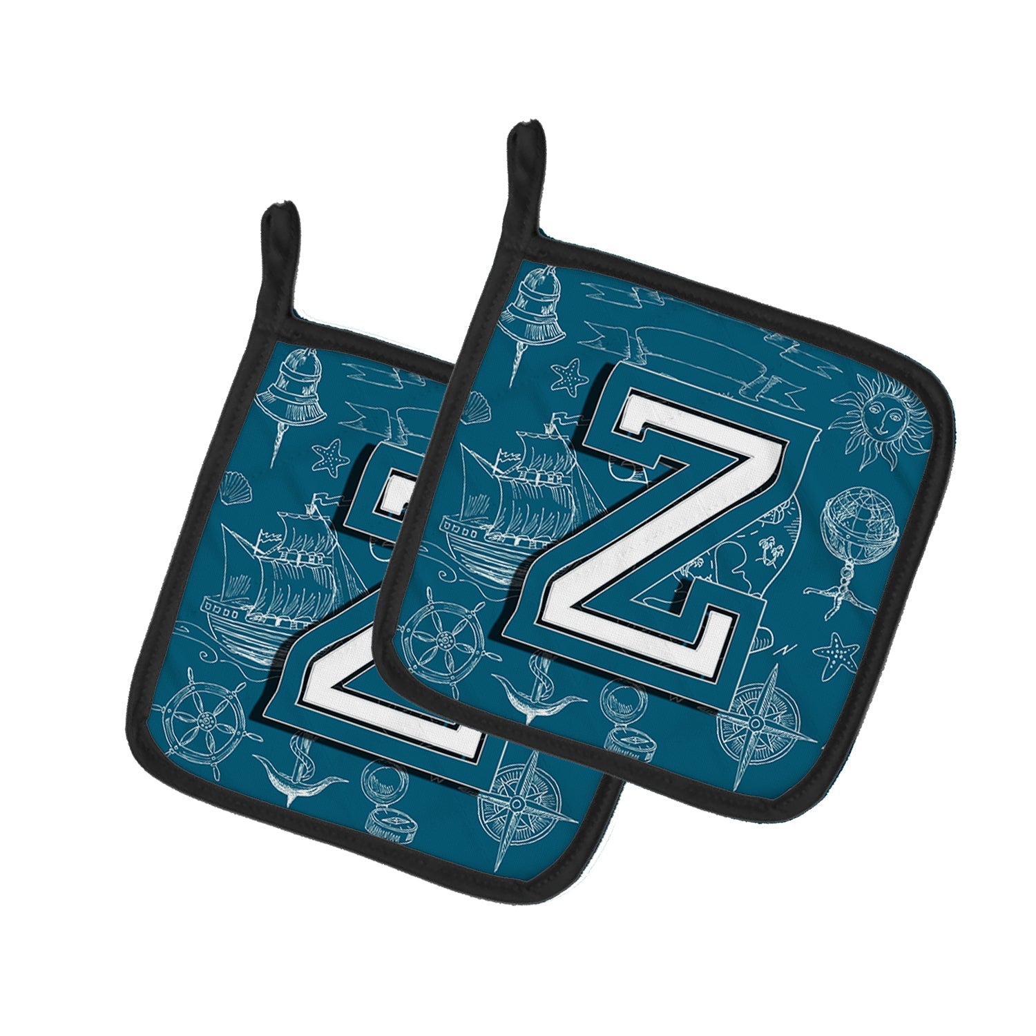 Letter Z Sea Doodles Initial Alphabet Pot Holder Set of 2 Heat Resistant Quilted Hot Pads 7.5 x 7.5 Inch, Insulated Kitchen Trivets for Cooking & Baking