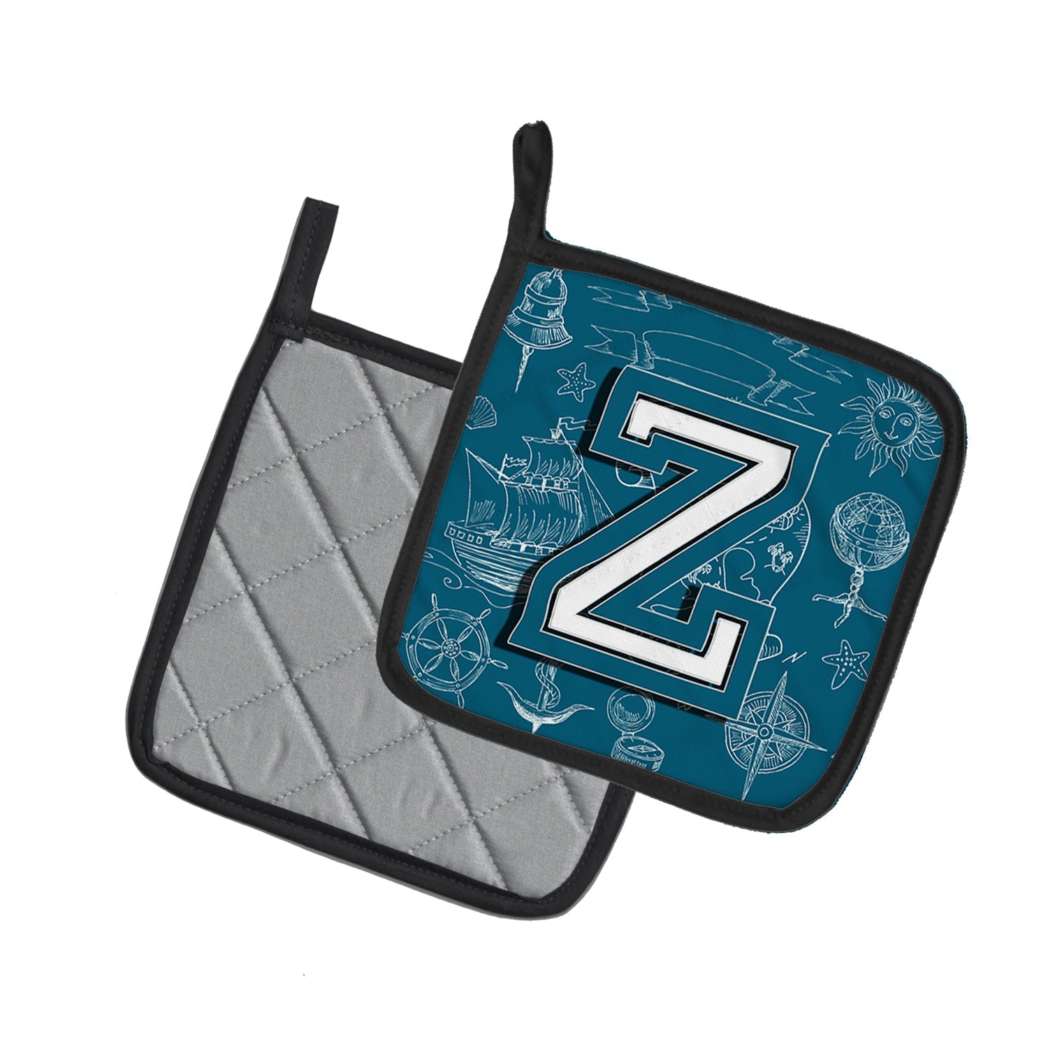 Letter Z Sea Doodles Initial Alphabet Pot Holder Set of 2 Heat Resistant Quilted Hot Pads 7.5 x 7.5 Inch, Insulated Kitchen Trivets for Cooking & Baking
