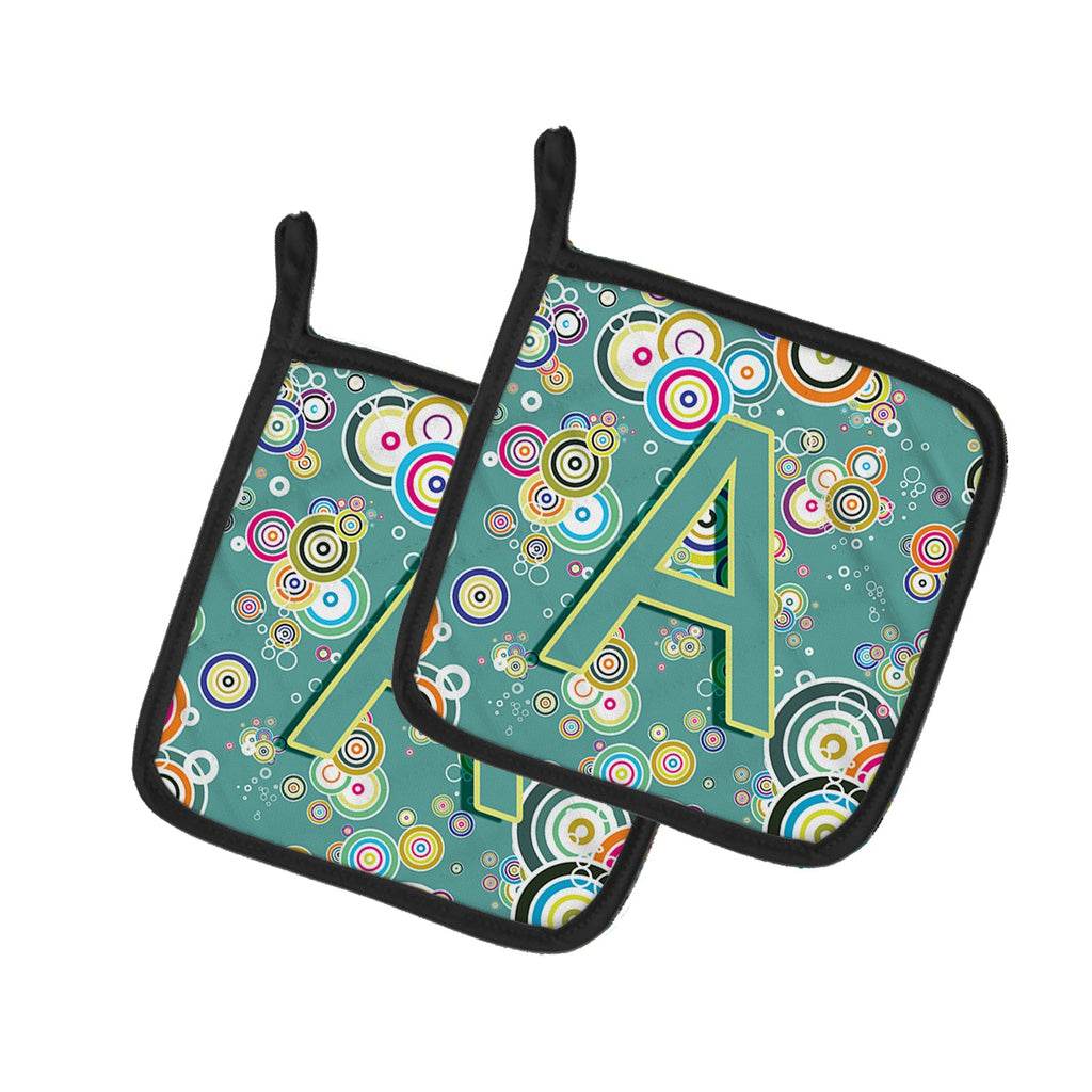 Letter A Circle Circle Teal Initial Alphabet Pot Holder Set of 2 Heat Resistant Quilted Hot Pads 7.5 x 7.5 Inch, Insulated Kitchen Trivets for Cooking & Baking