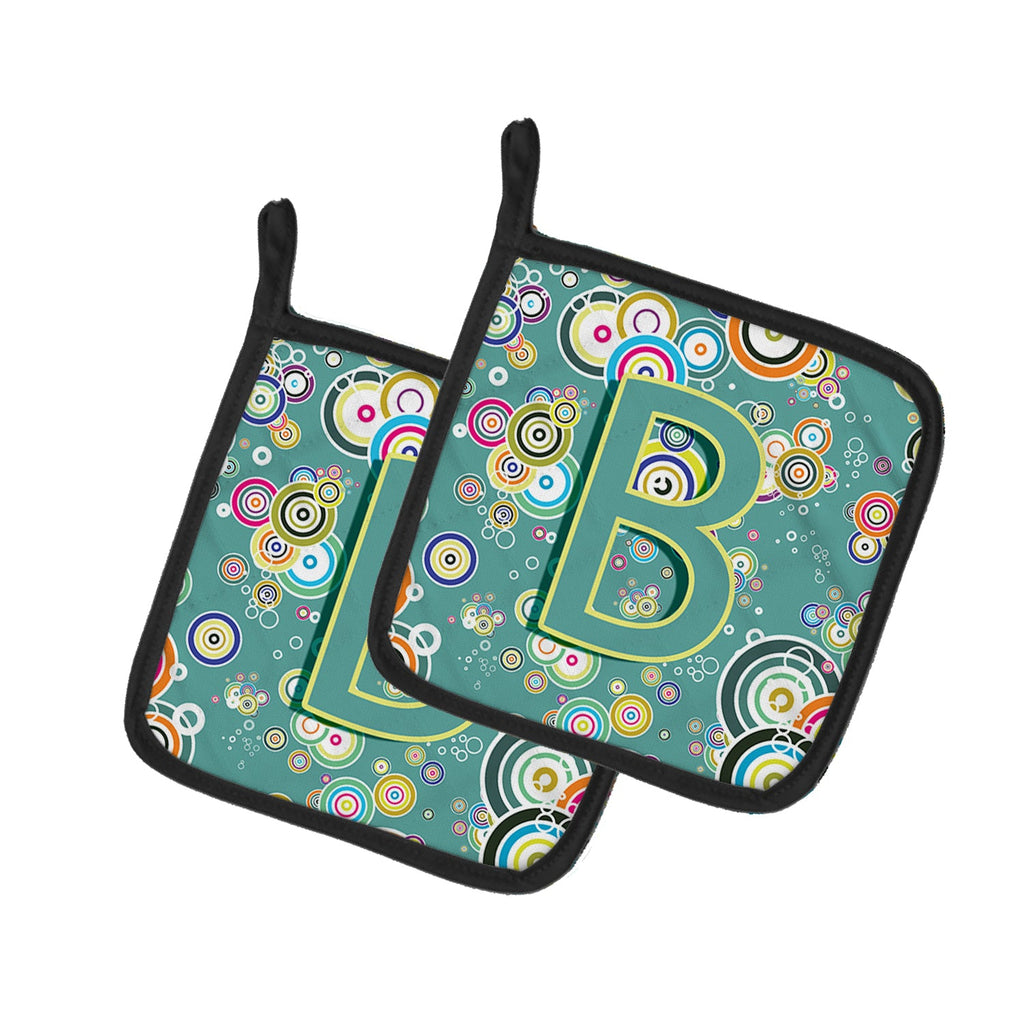 Letter B Circle Circle Teal Initial Alphabet Pot Holder Set of 2 Heat Resistant Quilted Hot Pads 7.5 x 7.5 Inch, Insulated Kitchen Trivets for Cooking & Baking