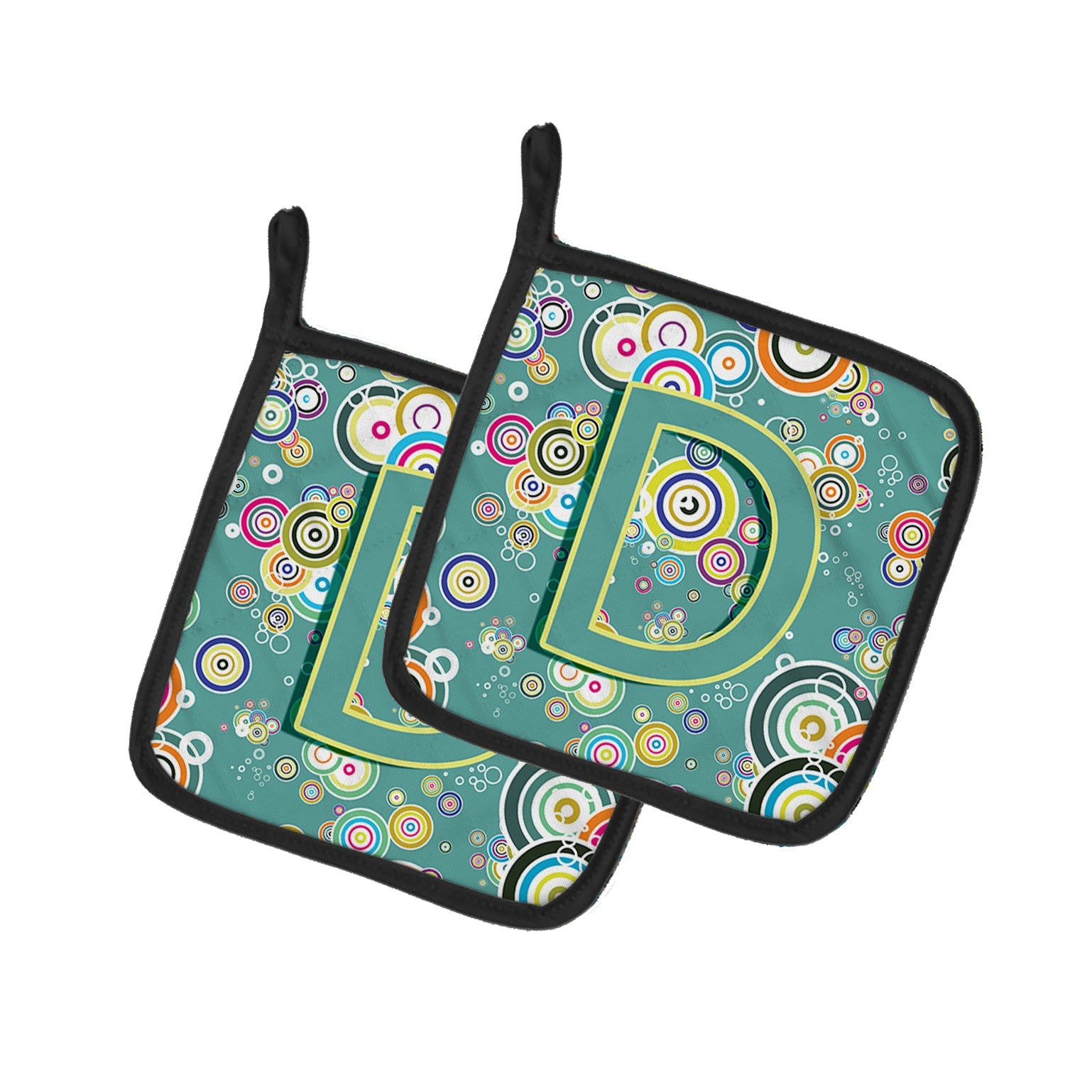 Letter D Circle Circle Teal Initial Alphabet Pot Holder Set of 2 Heat Resistant Quilted Hot Pads 7.5 x 7.5 Inch, Insulated Kitchen Trivets for Cooking & Baking