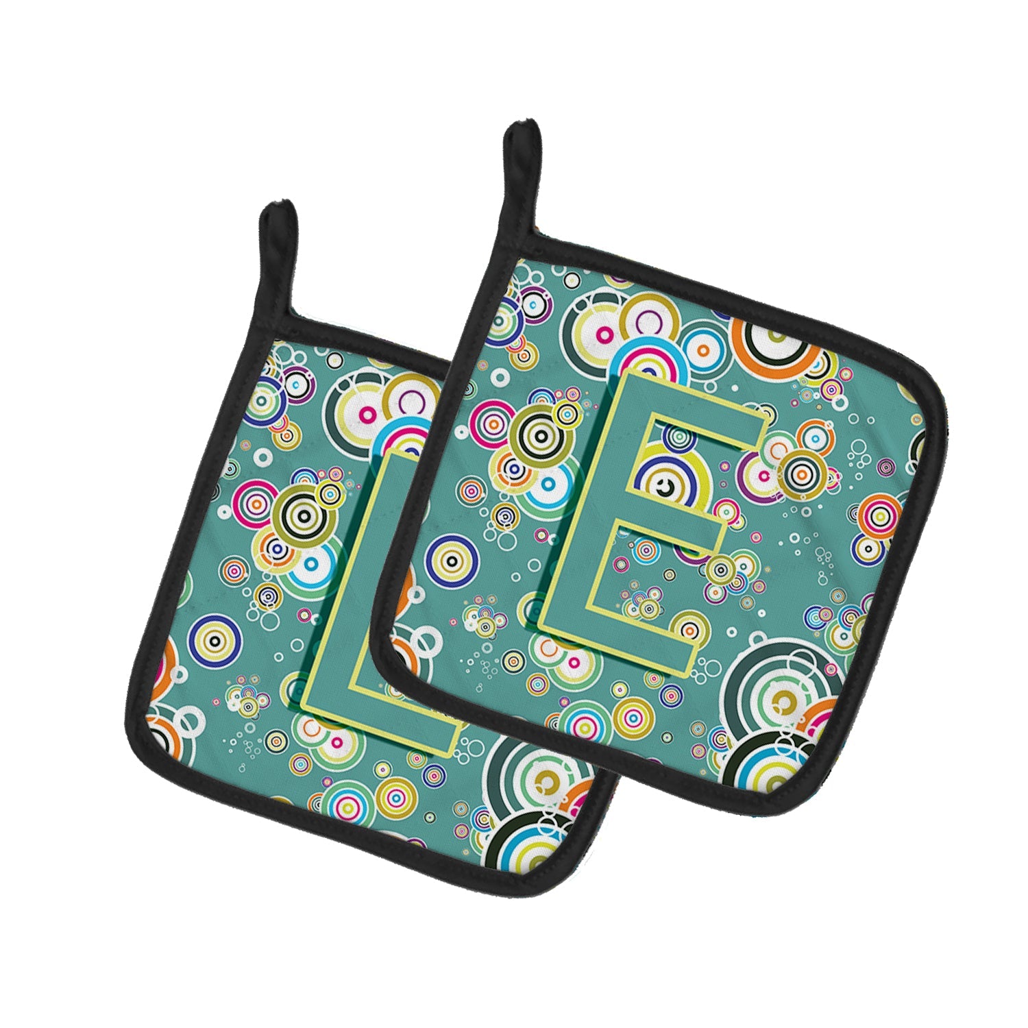 Letter E Circle Circle Teal Initial Alphabet Pot Holder Set of 2 Heat Resistant Quilted Hot Pads 7.5 x 7.5 Inch, Insulated Kitchen Trivets for Cooking & Baking