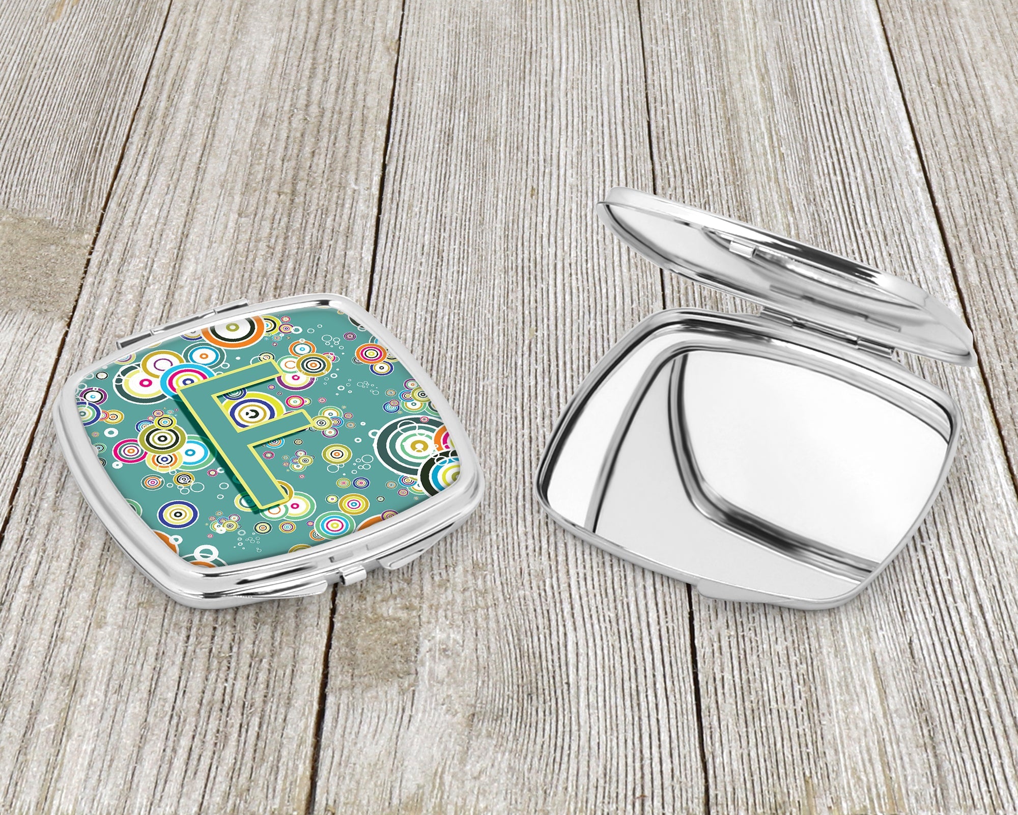 Letter F Circle Circle Teal Initial Alphabet Compact Mirror Decorative Travel Makeup Mirror for Women Girls Gifts Pocket Makeup Mirror Folding Handheld
