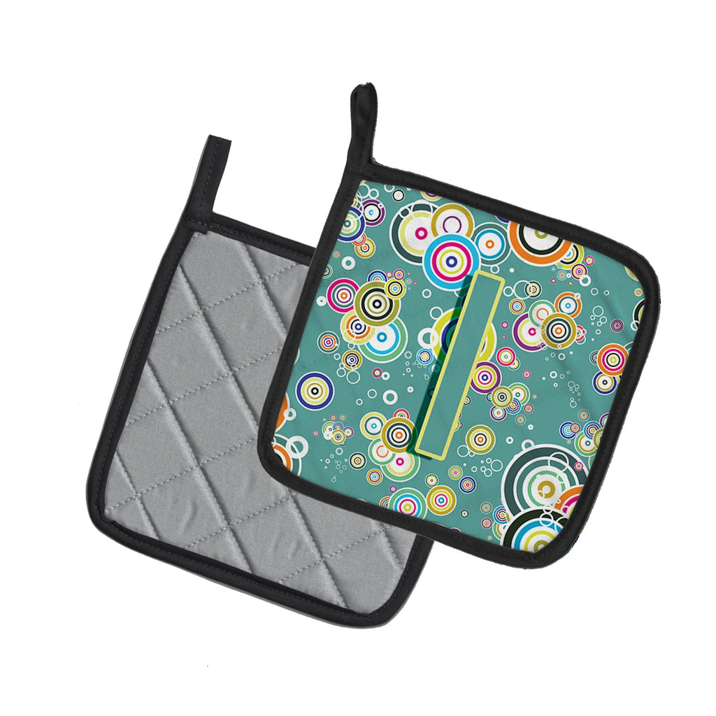 Letter I Circle Circle Teal Initial Alphabet Pot Holder Set of 2 Heat Resistant Quilted Hot Pads 7.5 x 7.5 Inch, Insulated Kitchen Trivets for Cooking & Baking