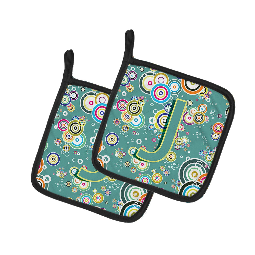 Letter J Circle Circle Teal Initial Alphabet Pot Holder Set of 2 Heat Resistant Quilted Hot Pads 7.5 x 7.5 Inch, Insulated Kitchen Trivets for Cooking & Baking