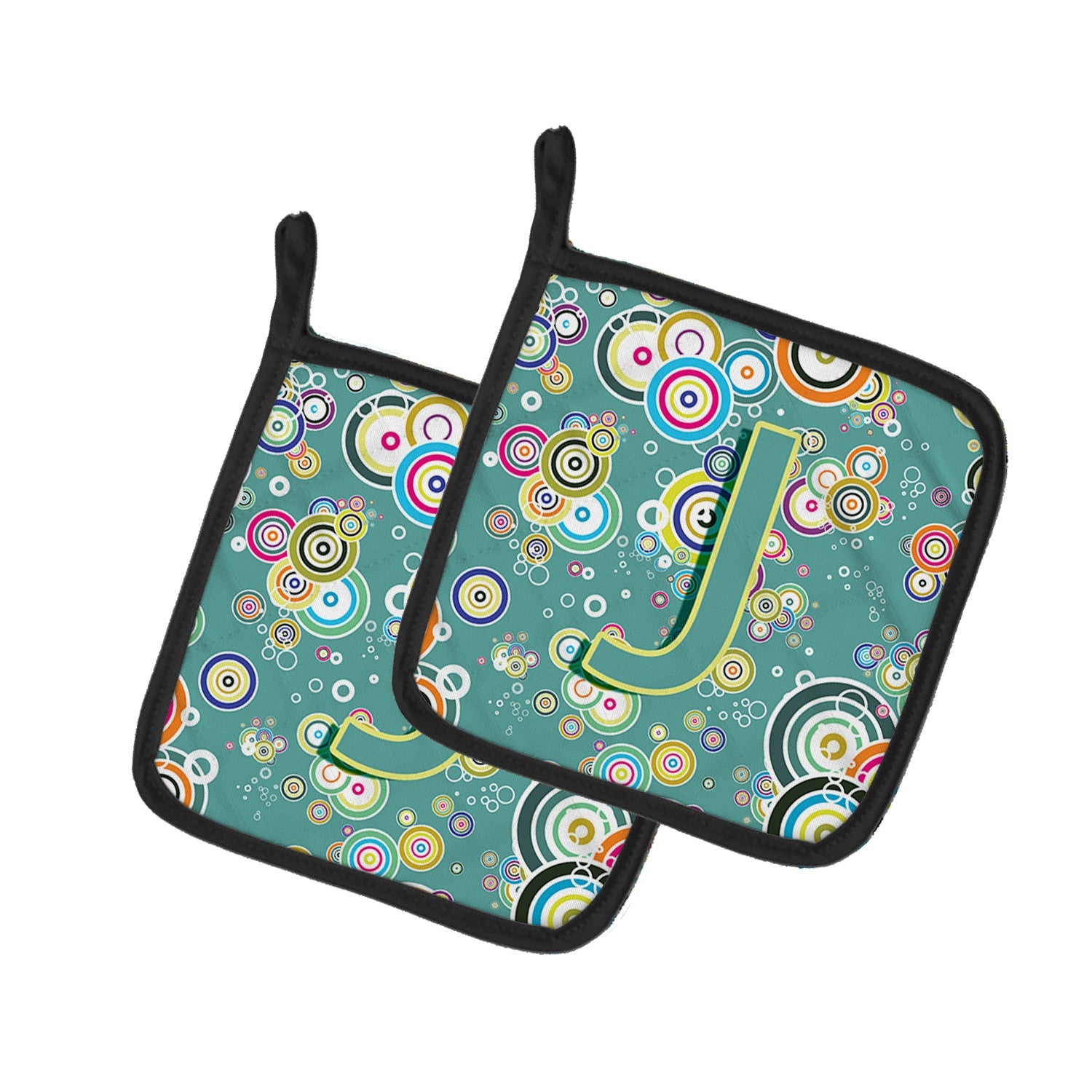 Letter J Circle Circle Teal Initial Alphabet Pot Holder Set of 2 Heat Resistant Quilted Hot Pads 7.5 x 7.5 Inch, Insulated Kitchen Trivets for Cooking & Baking