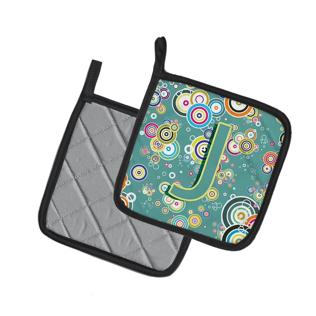 Letter J Circle Circle Teal Initial Alphabet Pot Holder Set of 2 Heat Resistant Quilted Hot Pads 7.5 x 7.5 Inch, Insulated Kitchen Trivets for Cooking & Baking
