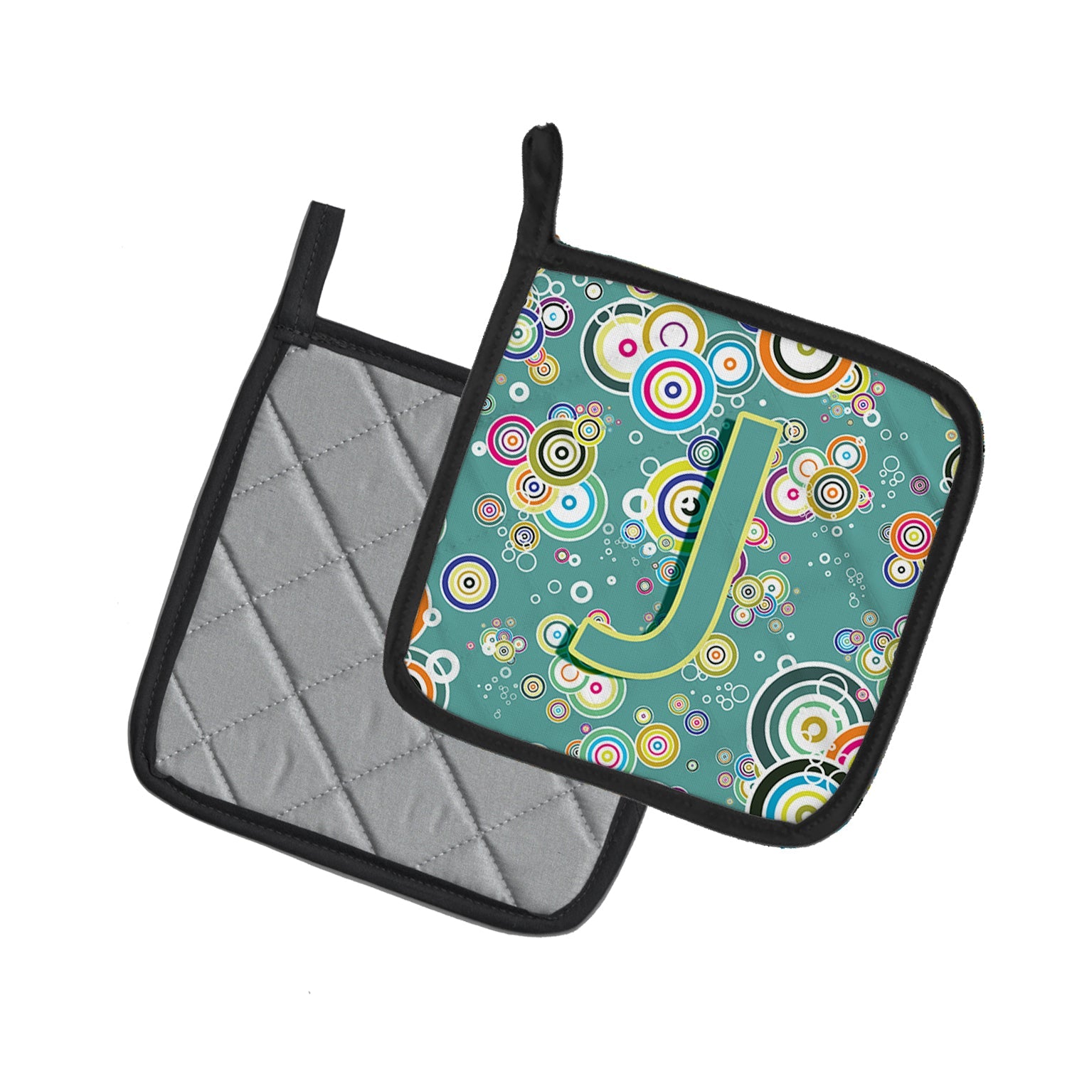 Letter J Circle Circle Teal Initial Alphabet Pot Holder Set of 2 Heat Resistant Quilted Hot Pads 7.5 x 7.5 Inch, Insulated Kitchen Trivets for Cooking & Baking