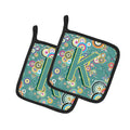 Letter K Circle Circle Teal Initial Alphabet Pot Holder Set of 2 Heat Resistant Quilted Hot Pads 7.5 x 7.5 Inch, Insulated Kitchen Trivets for Cooking & Baking