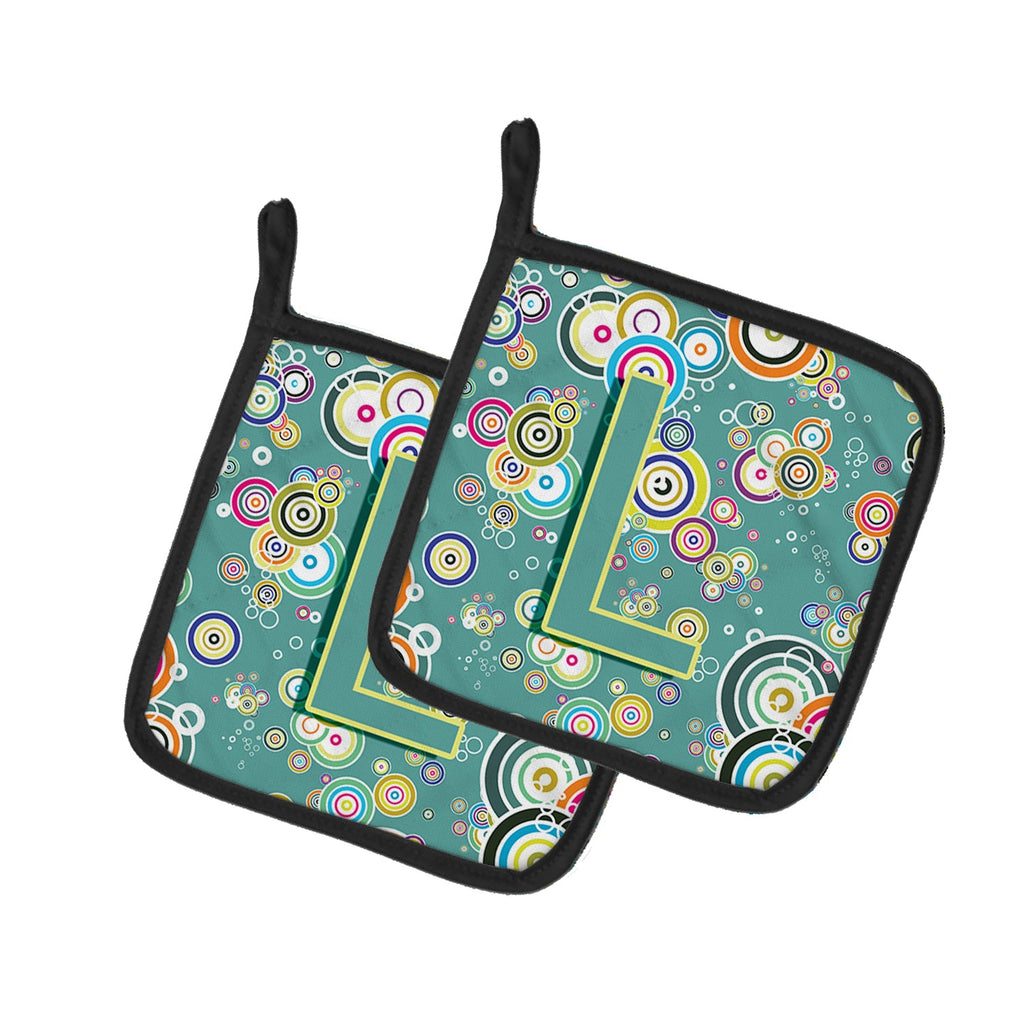 Letter L Circle Circle Teal Initial Alphabet Pot Holder Set of 2 Heat Resistant Quilted Hot Pads 7.5 x 7.5 Inch, Insulated Kitchen Trivets for Cooking & Baking