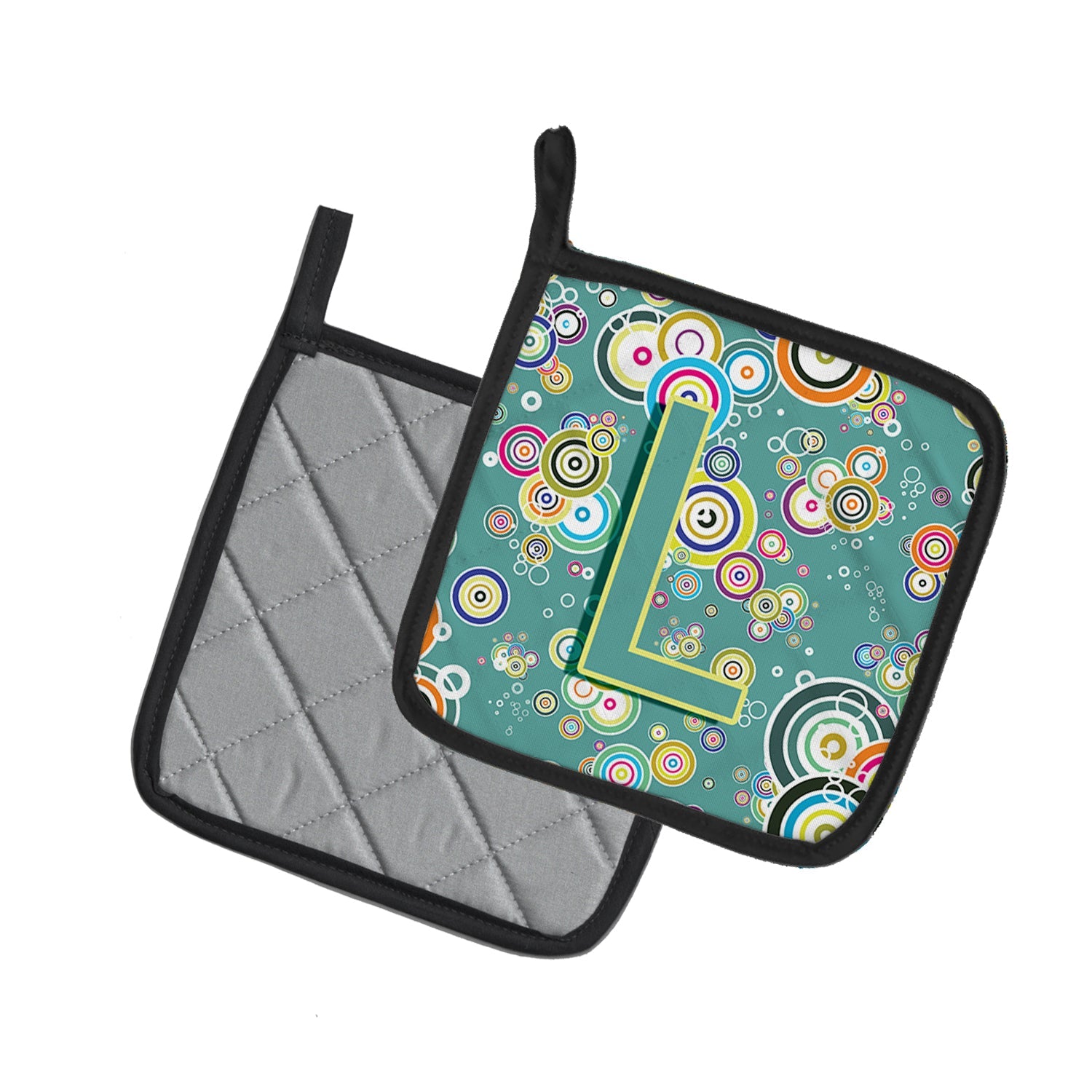 Letter L Circle Circle Teal Initial Alphabet Pot Holder Set of 2 Heat Resistant Quilted Hot Pads 7.5 x 7.5 Inch, Insulated Kitchen Trivets for Cooking & Baking