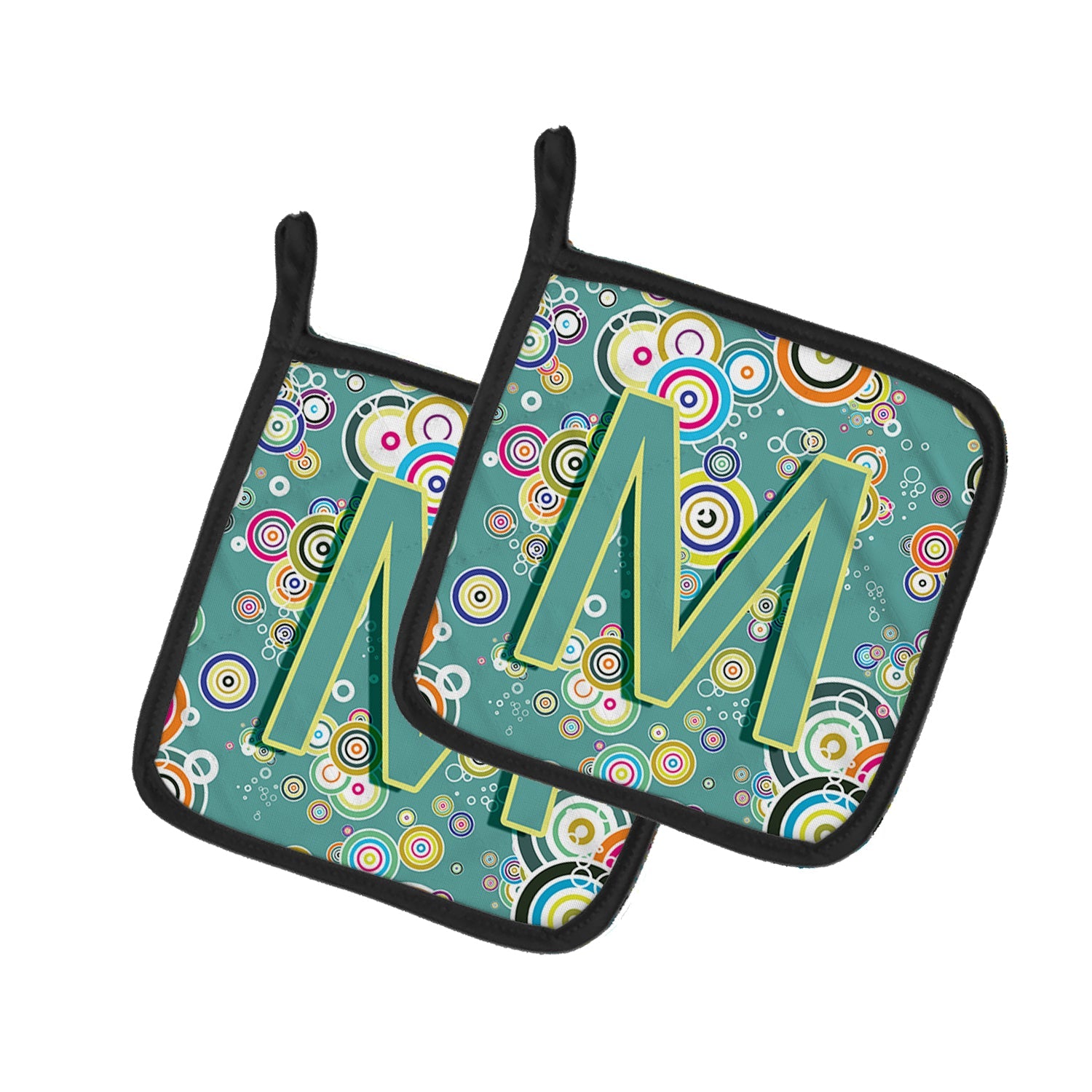 Letter M Circle Circle Teal Initial Alphabet Pot Holder Set of 2 Heat Resistant Quilted Hot Pads 7.5 x 7.5 Inch, Insulated Kitchen Trivets for Cooking & Baking
