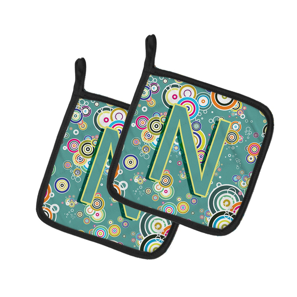 Letter N Circle Circle Teal Initial Alphabet Pot Holder Set of 2 Heat Resistant Quilted Hot Pads 7.5 x 7.5 Inch, Insulated Kitchen Trivets for Cooking & Baking