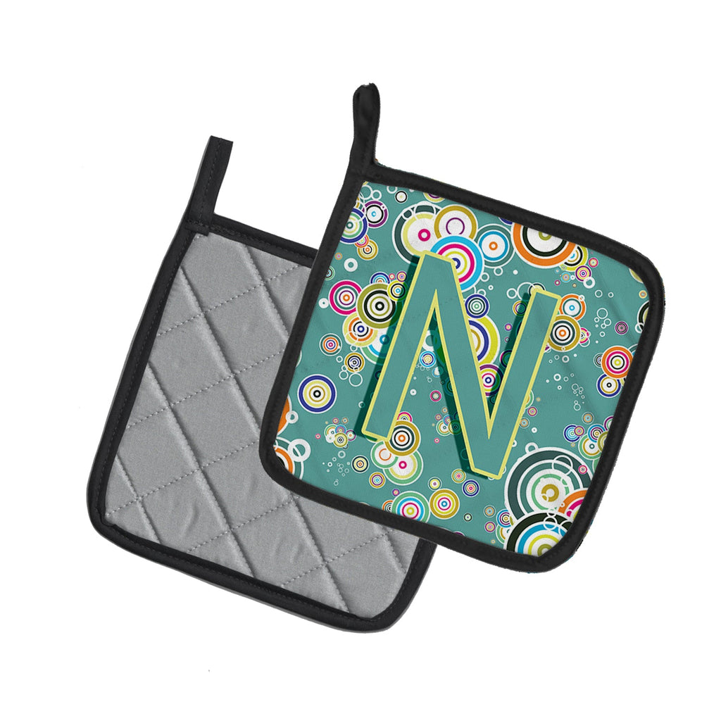 Letter N Circle Circle Teal Initial Alphabet Pot Holder Set of 2 Heat Resistant Quilted Hot Pads 7.5 x 7.5 Inch, Insulated Kitchen Trivets for Cooking & Baking