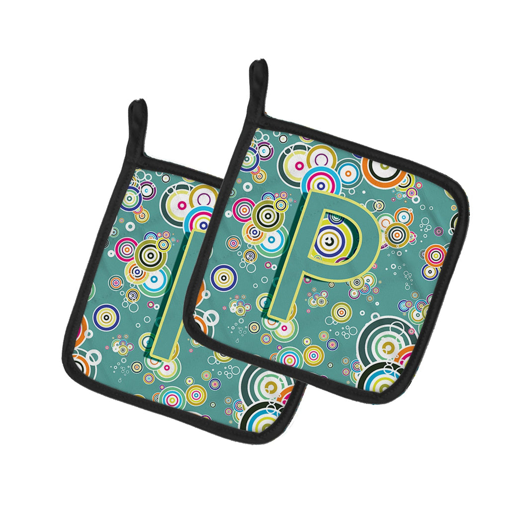 Letter P Circle Circle Teal Initial Alphabet Pot Holder Set of 2 Heat Resistant Quilted Hot Pads 7.5 x 7.5 Inch, Insulated Kitchen Trivets for Cooking & Baking