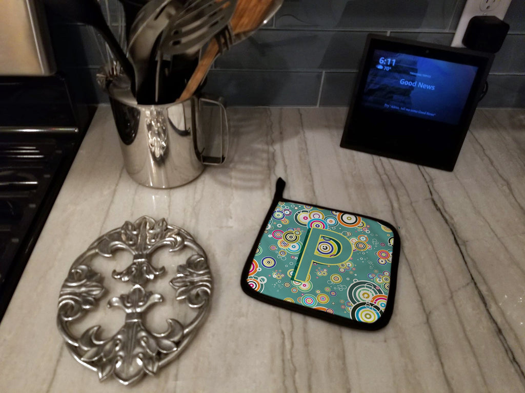 Letter P Circle Circle Teal Initial Alphabet Pot Holder Set of 2 Heat Resistant Quilted Hot Pads 7.5 x 7.5 Inch, Insulated Kitchen Trivets for Cooking & Baking