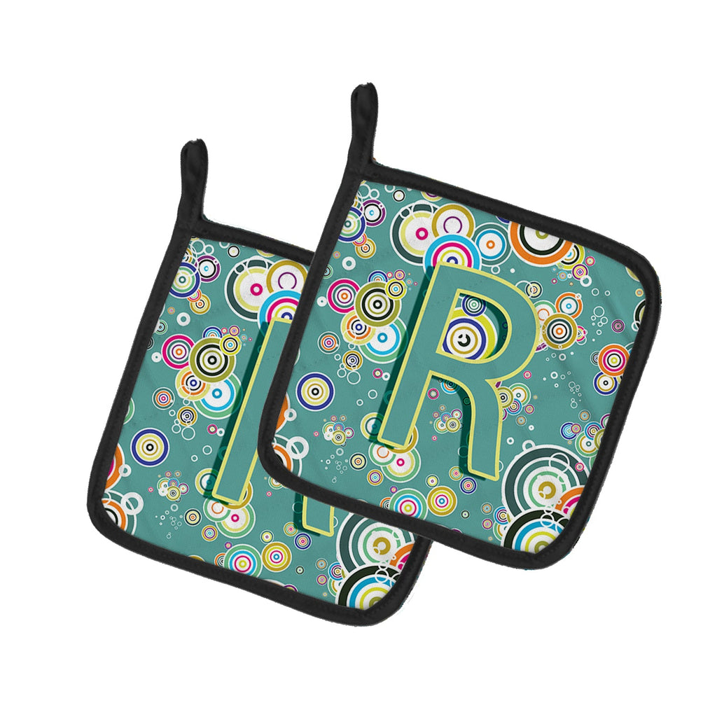 Letter R Circle Circle Teal Initial Alphabet Pot Holder Set of 2 Heat Resistant Quilted Hot Pads 7.5 x 7.5 Inch, Insulated Kitchen Trivets for Cooking & Baking