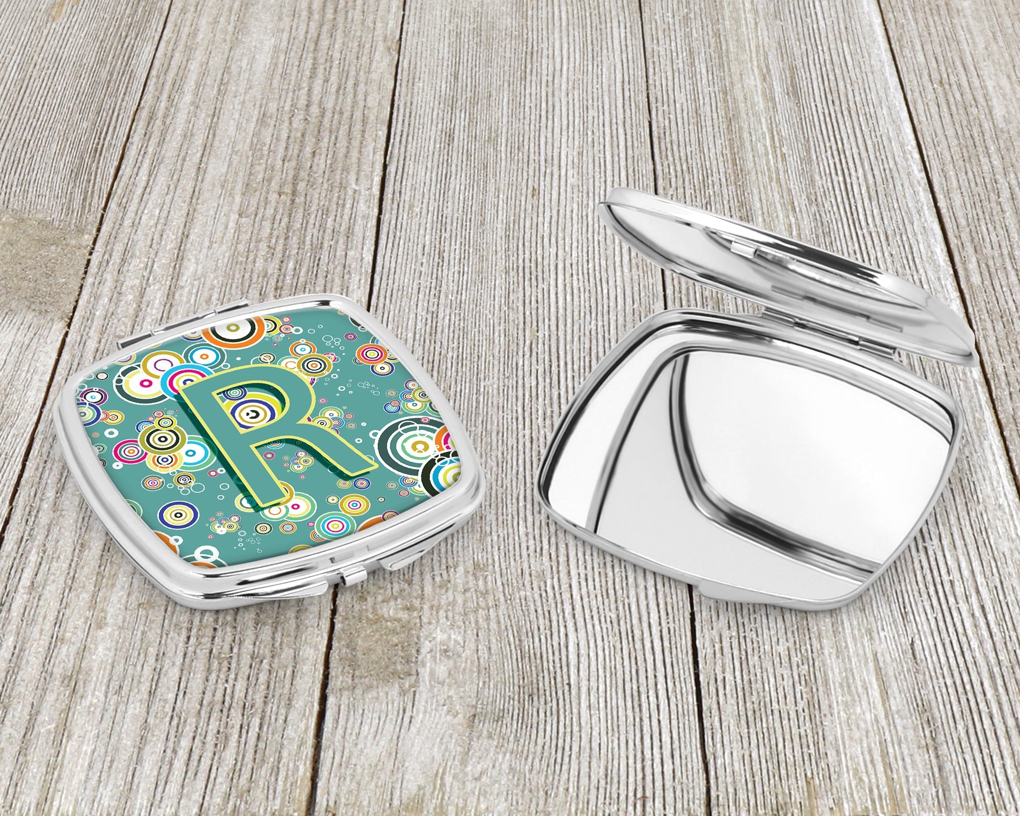 Letter R Circle Circle Teal Initial Alphabet Compact Mirror Decorative Travel Makeup Mirror for Women Girls Gifts Pocket Makeup Mirror Folding Handheld