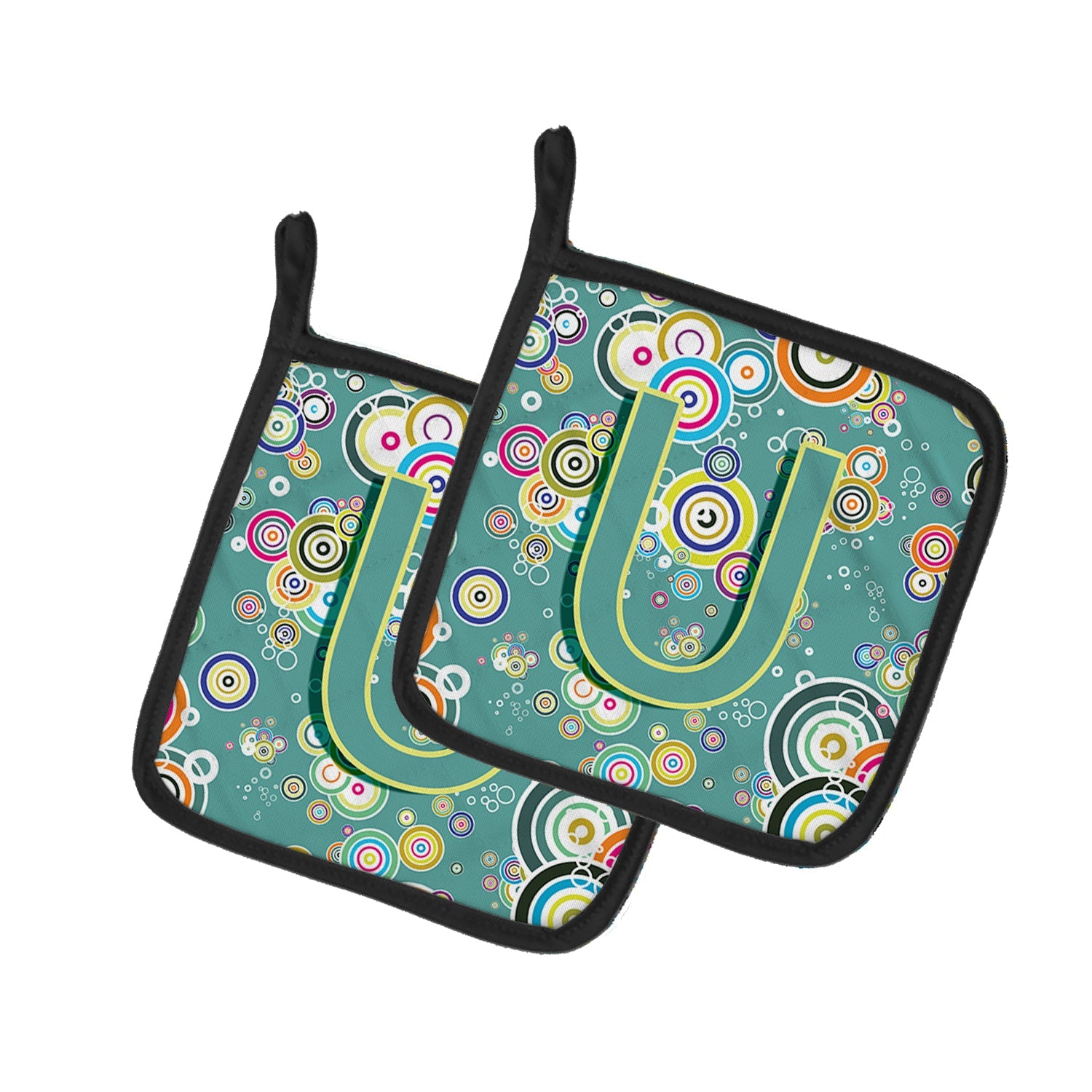 Letter U Circle Circle Teal Initial Alphabet Pot Holder Set of 2 Heat Resistant Quilted Hot Pads 7.5 x 7.5 Inch, Insulated Kitchen Trivets for Cooking & Baking