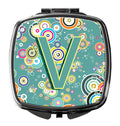 Letter V Circle Circle Teal Initial Alphabet Compact Mirror Decorative Travel Makeup Mirror for Women Girls Gifts Pocket Makeup Mirror Folding Handheld