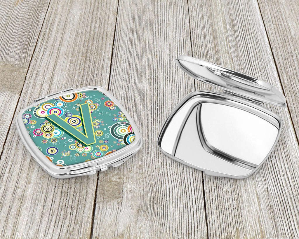 Letter V Circle Circle Teal Initial Alphabet Compact Mirror Decorative Travel Makeup Mirror for Women Girls Gifts Pocket Makeup Mirror Folding Handheld