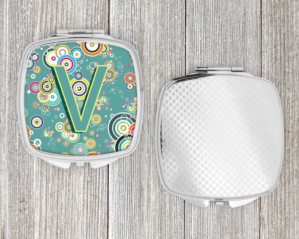 Letter V Circle Circle Teal Initial Alphabet Compact Mirror Decorative Travel Makeup Mirror for Women Girls Gifts Pocket Makeup Mirror Folding Handheld