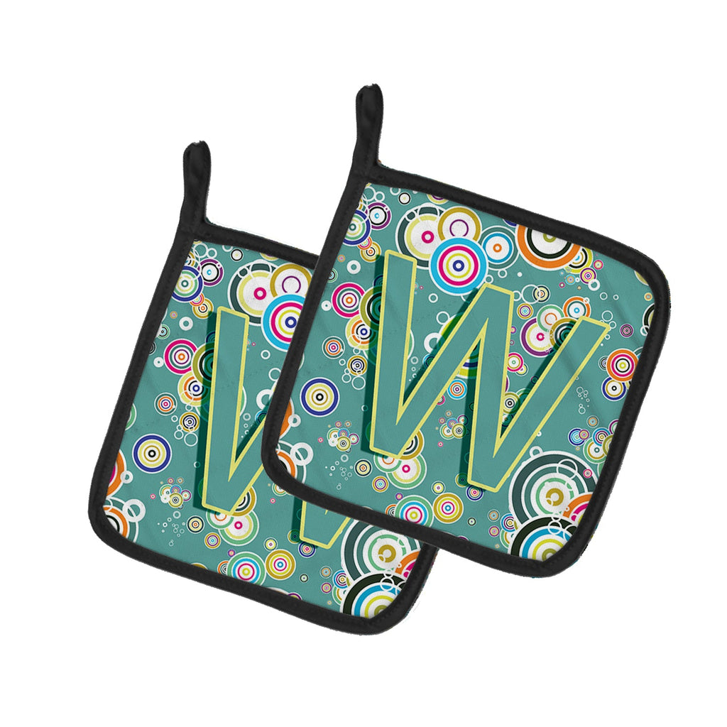 Letter W Circle Circle Teal Initial Alphabet Pot Holder Set of 2 Heat Resistant Quilted Hot Pads 7.5 x 7.5 Inch, Insulated Kitchen Trivets for Cooking & Baking