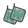 Letter W Circle Circle Teal Initial Alphabet Pot Holder Set of 2 Heat Resistant Quilted Hot Pads 7.5 x 7.5 Inch, Insulated Kitchen Trivets for Cooking & Baking