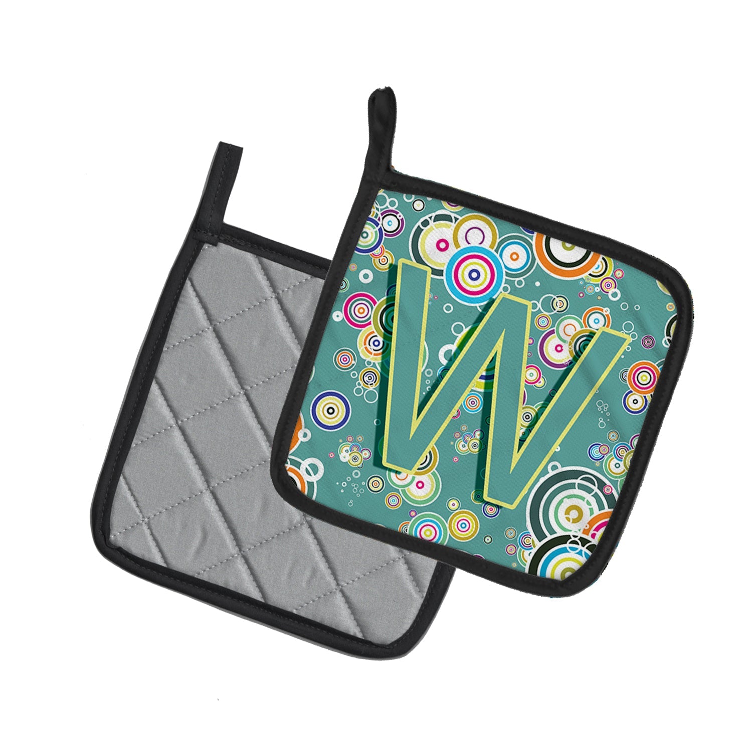 Letter W Circle Circle Teal Initial Alphabet Pot Holder Set of 2 Heat Resistant Quilted Hot Pads 7.5 x 7.5 Inch, Insulated Kitchen Trivets for Cooking & Baking