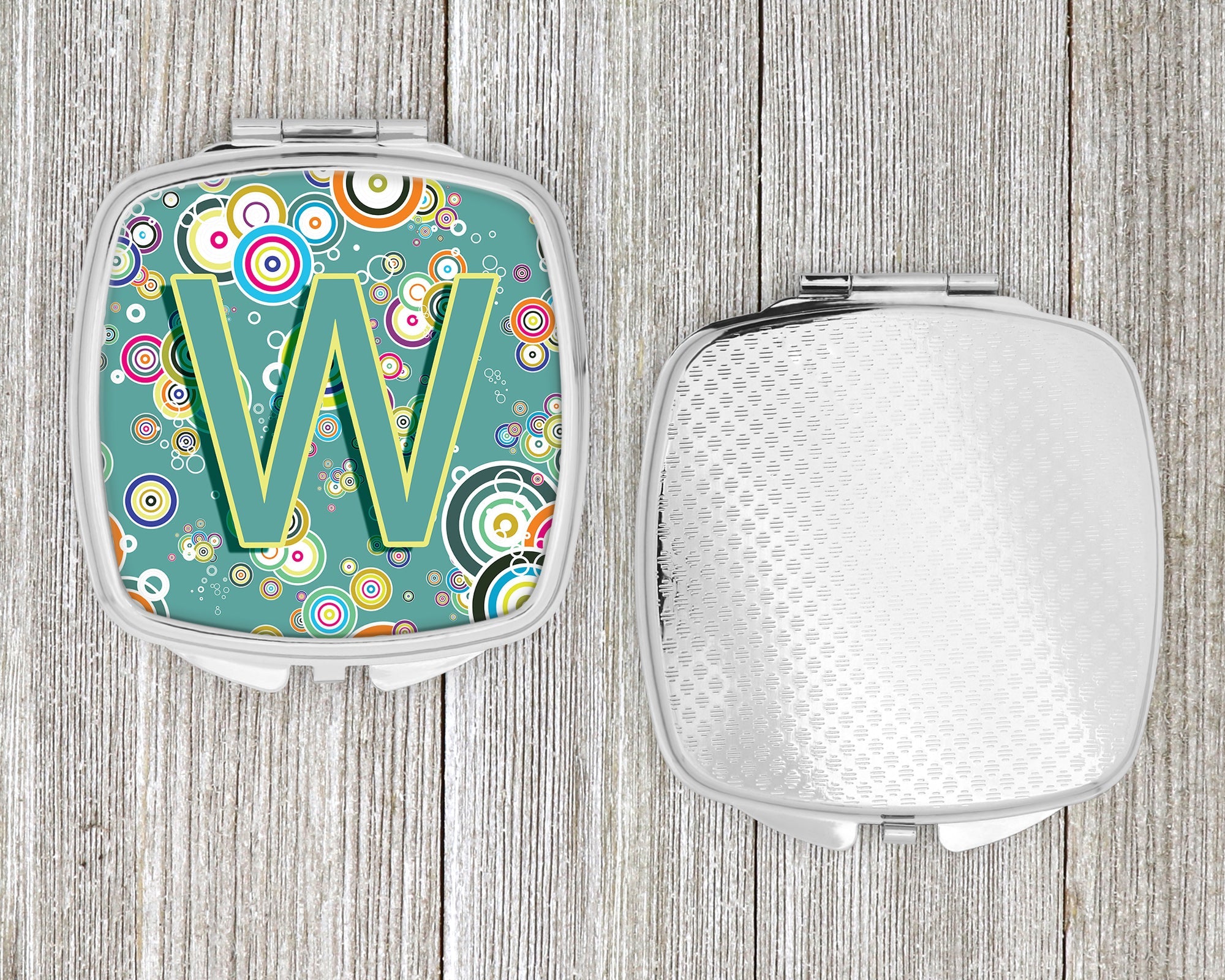 Letter W Circle Circle Teal Initial Alphabet Compact Mirror Decorative Travel Makeup Mirror for Women Girls Gifts Pocket Makeup Mirror Folding Handheld